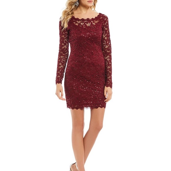 Sequin Hearts Dresses & Skirts - Long Sleeve Burgundy Sequin Lace Sheath Dress